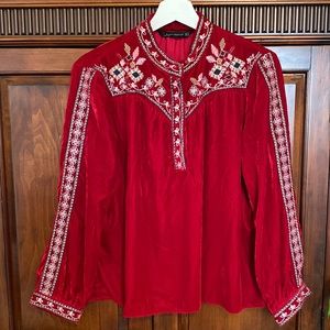 Zara woman Red Velvet embroidered tunic Opulent Holiday